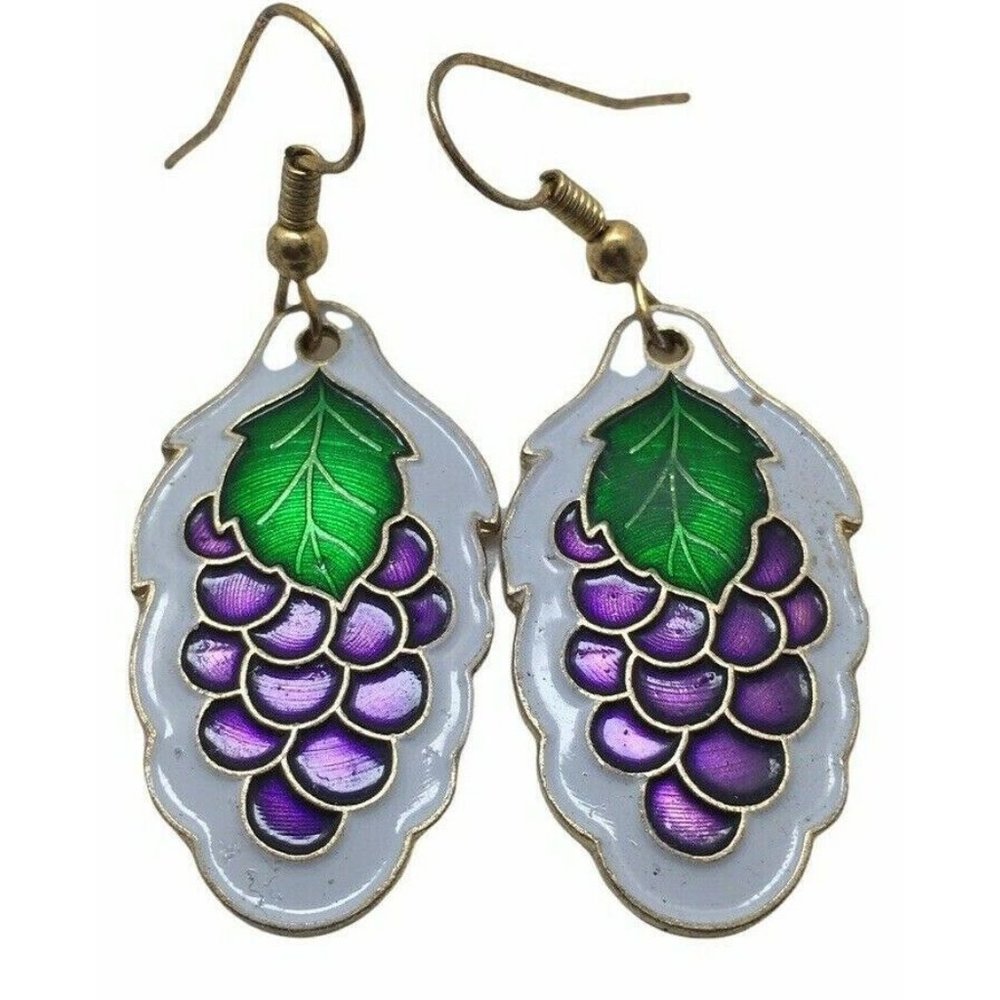 Vtg Earrings Fruit Salad Enamel Cloisonne Grapes Dangles Pierced Tutti Frutti 2"